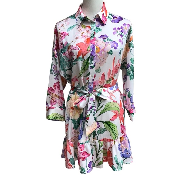 Zara Floral Ruffled Mini Shirt Dress Bloggers Fave - Picture 4 of 12